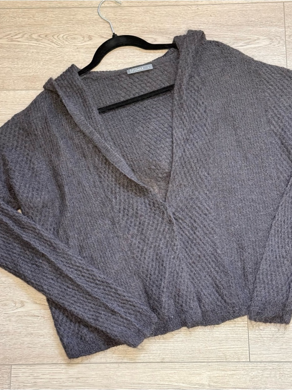 Original Nile Cropped Hooded V-Neck Cardigan in Charcoal Gray Mohair Wool Mix L